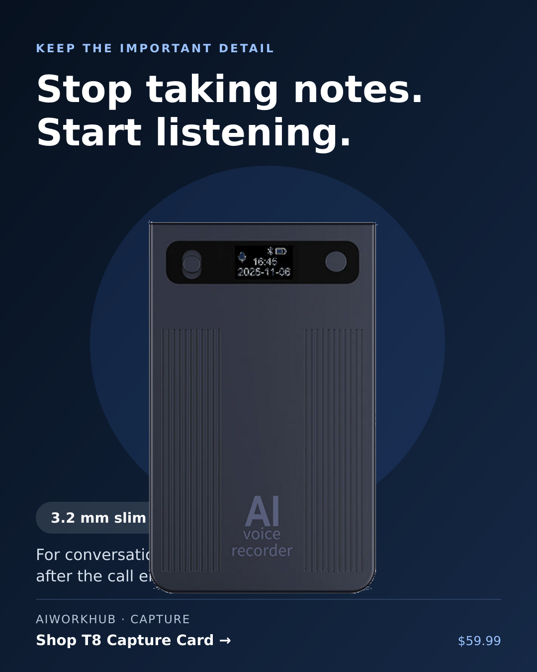 Ultra-Thin Magnetic AI Voice Recorder Card (T8 FS) - ChatGPT App Integrated